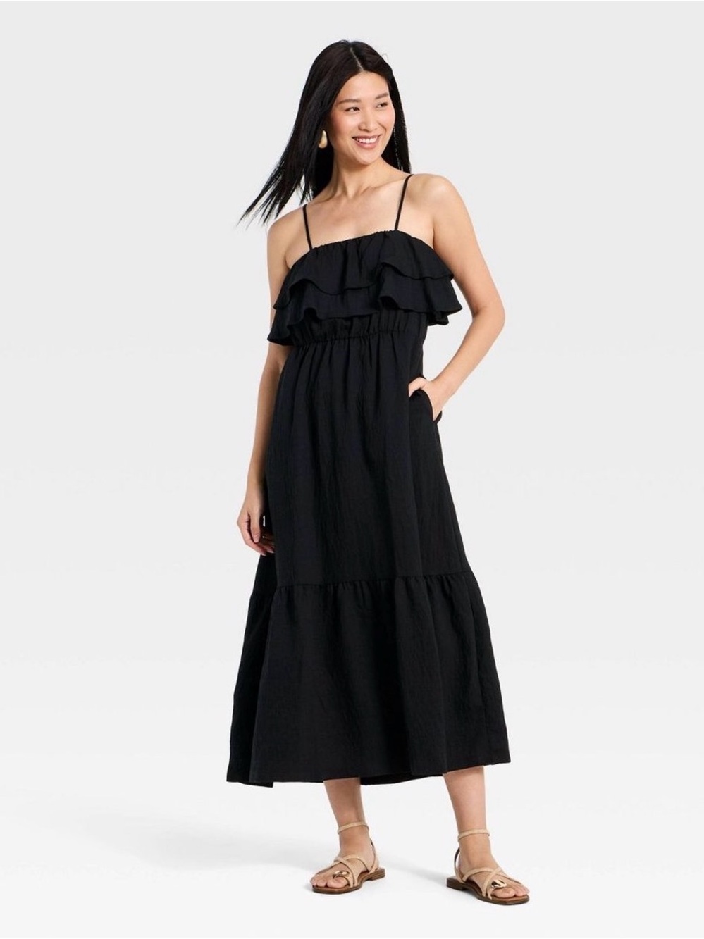 A New Day Sleeveless Ruffle Tiered A Line Maxi Dress w/ Pockets